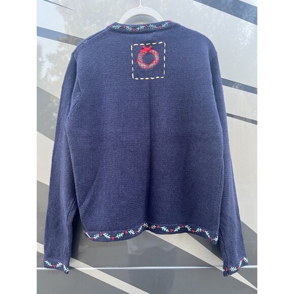 Vintage 80s Northern Treasures blue embroidered Christmas Holiday cardigan M - Picture 2 of 14